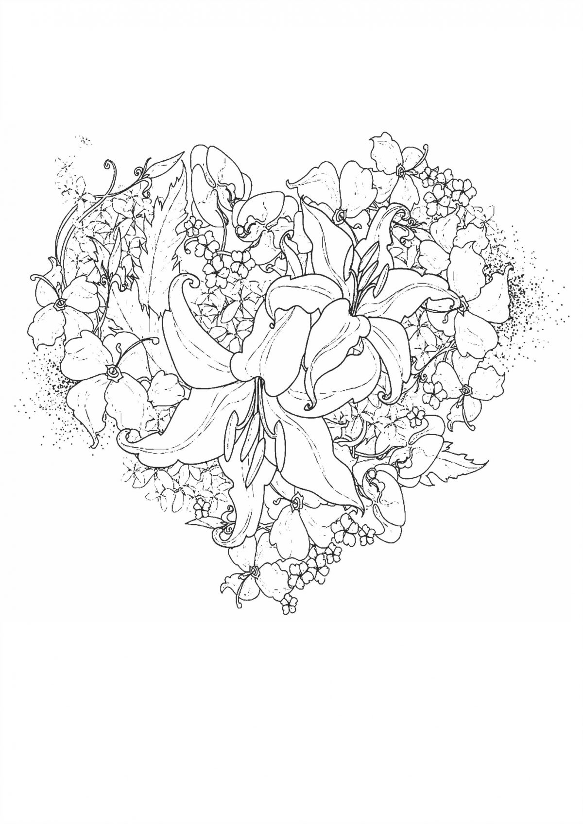 Раскраска для взрослых антистресс цветы лилии в виде сердца